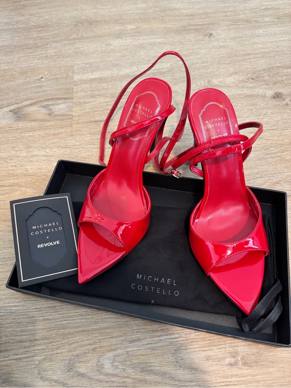 NWT Michael Costello x Revolve Red Patent Ankle-Wrap Stiletto Sandals